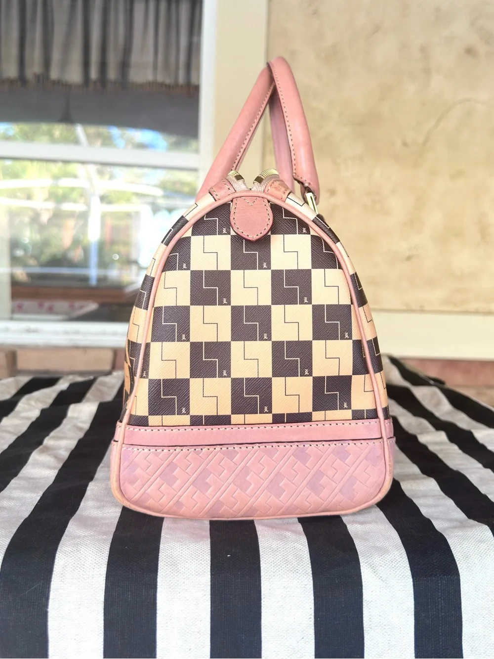 L.A.M.B. ~ Gwen Stefani Monogram Satchel Signature Print Brown Tan Leather - Picture 13 of 16